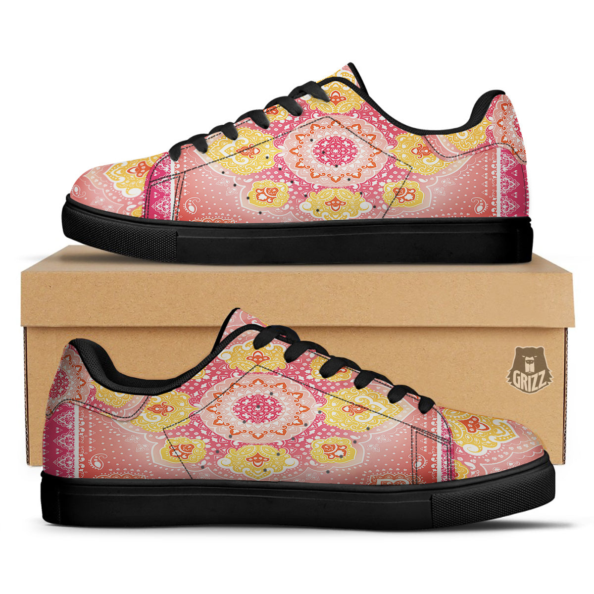 Indian Paisley Bandana Pink Print Black Low Top Sneakers-grizzshop