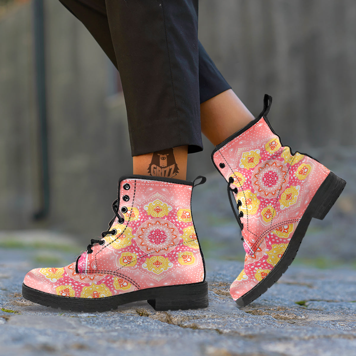 Indian Paisley Bandana Pink Print Leather Boots-grizzshop