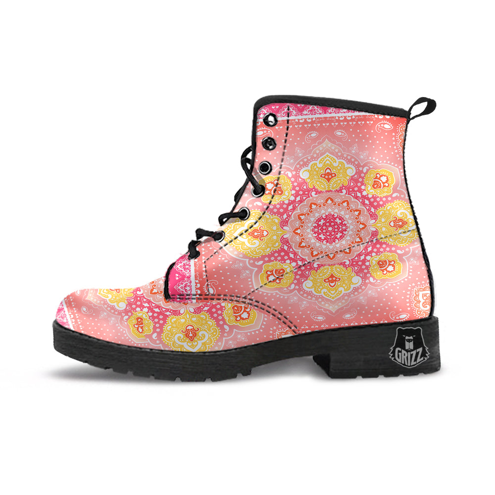 Indian Paisley Bandana Pink Print Leather Boots-grizzshop