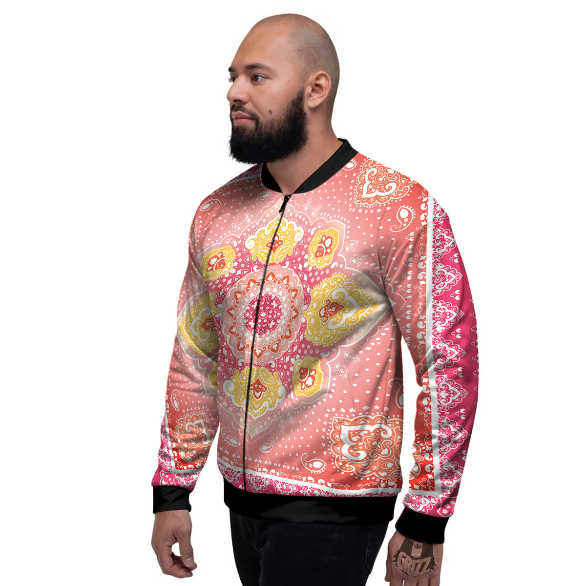 Indian Paisley Bandana Pink Print Men's Bomber Jacket-grizzshop