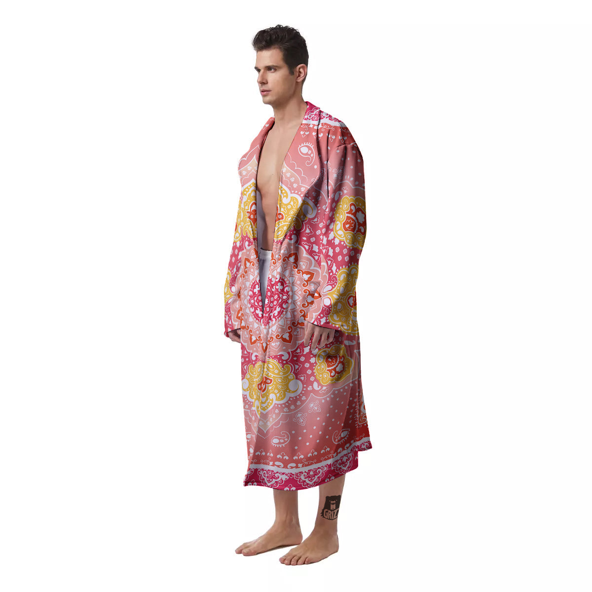 Indian Paisley Bandana Pink Print Men's Robe-grizzshop