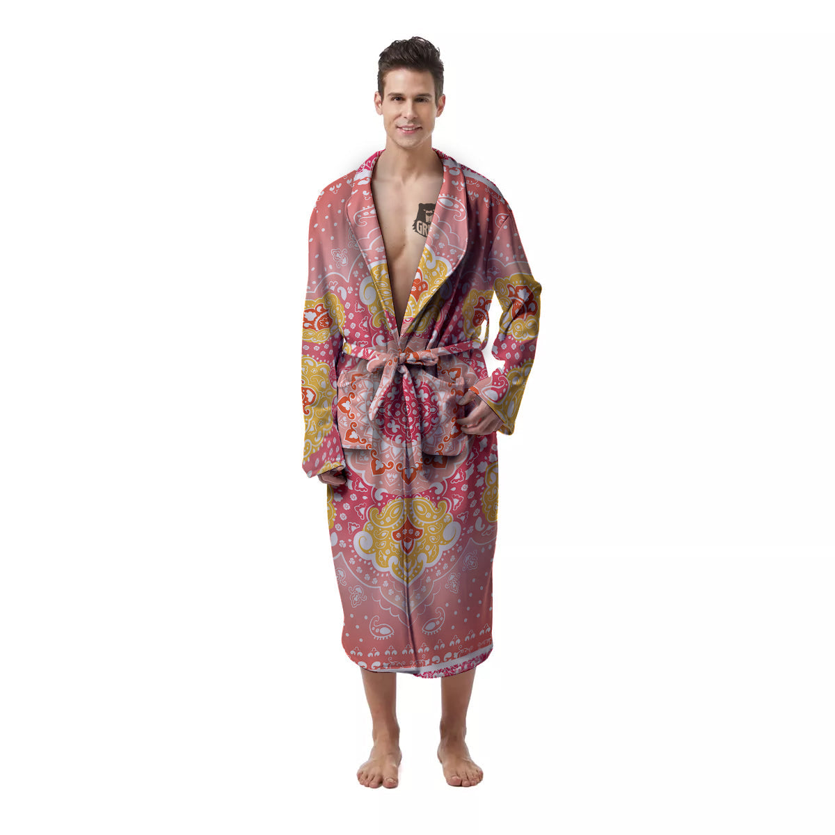 Indian Paisley Bandana Pink Print Men's Robe-grizzshop