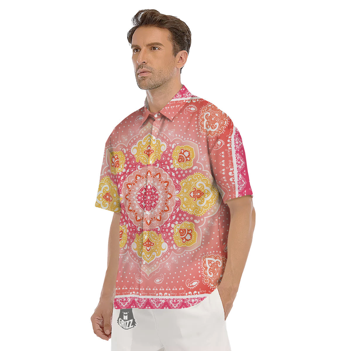 Indian Paisley Bandana Pink Print Men's Short Sleeve Shirts-grizzshop