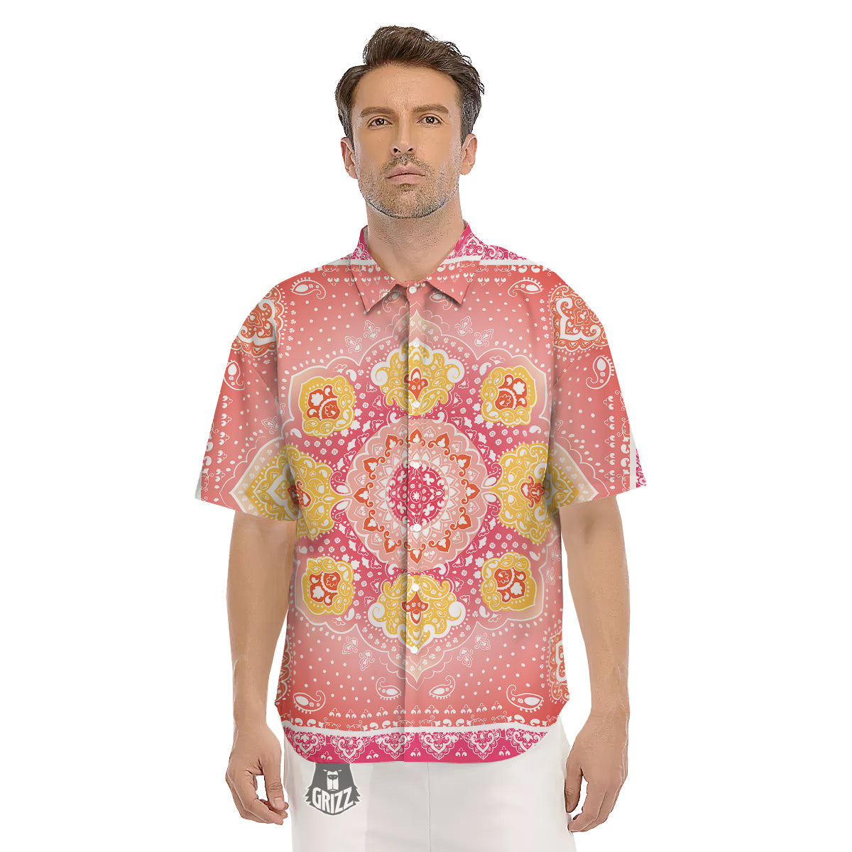 Indian Paisley Bandana Pink Print Men's Short Sleeve Shirts-grizzshop