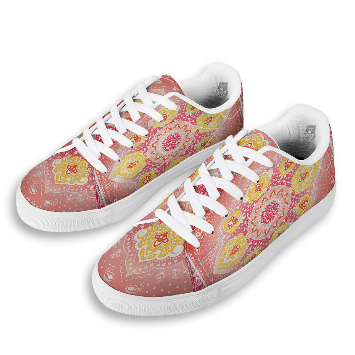 Indian Paisley Bandana Pink Print White Low Top Sneakers-grizzshop