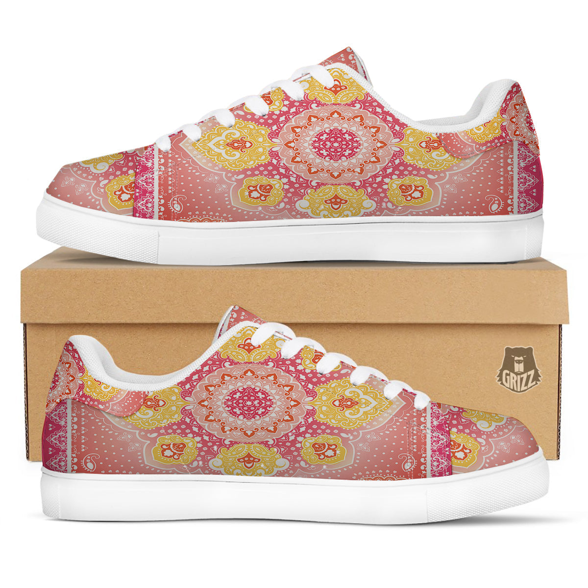 Indian Paisley Bandana Pink Print White Low Top Sneakers-grizzshop