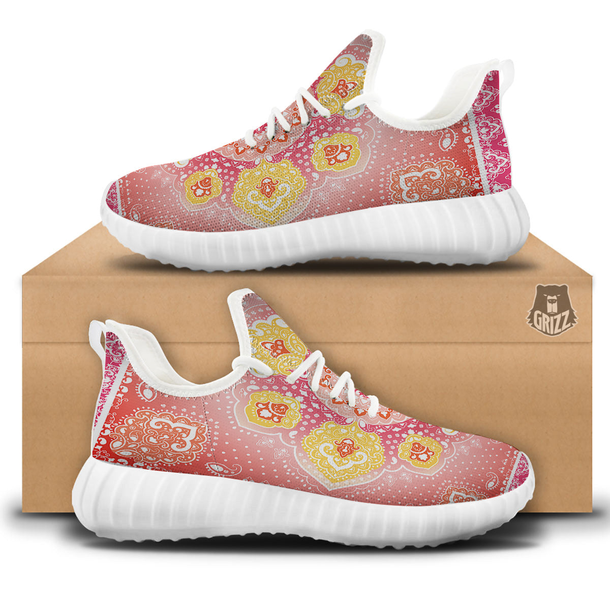 Indian Paisley Bandana Pink Print White Walking Shoes-grizzshop