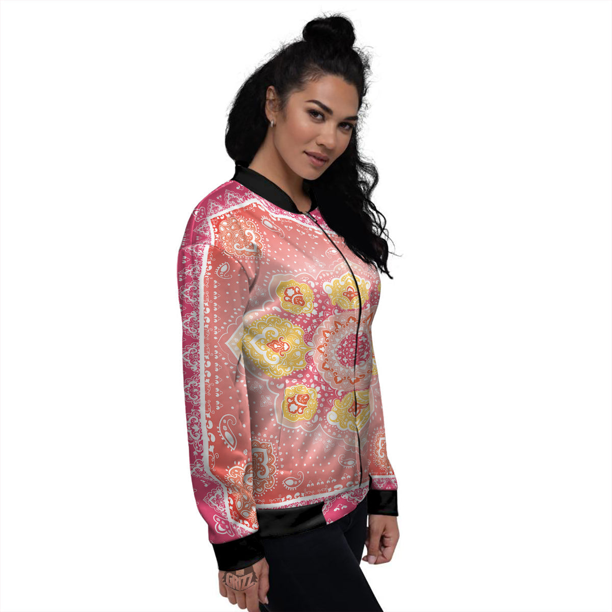 Indian Paisley Bandana Pink Print Women's Bomber Jacket-grizzshop