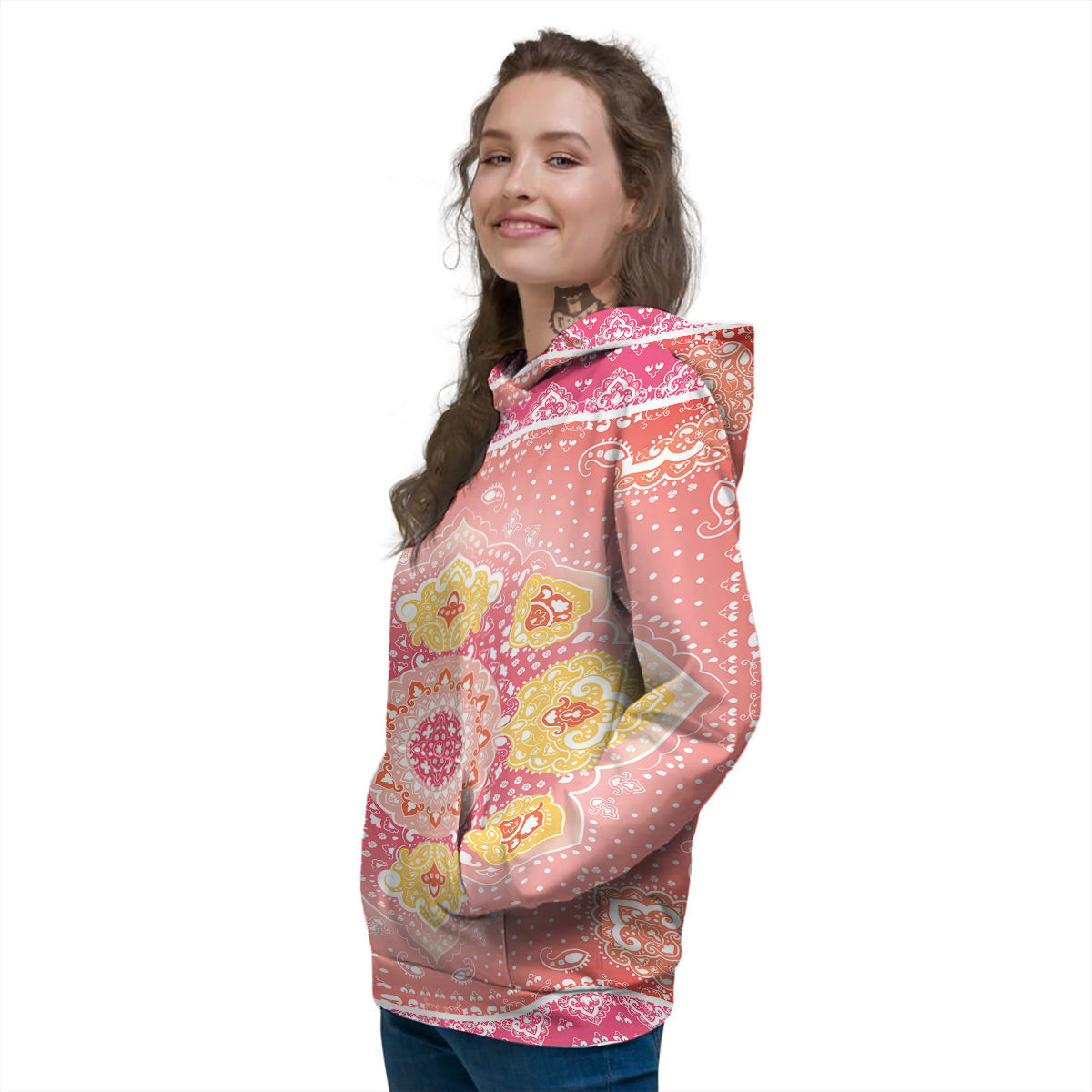 Indian Paisley Bandana Pink Print Women's Hoodie-grizzshop