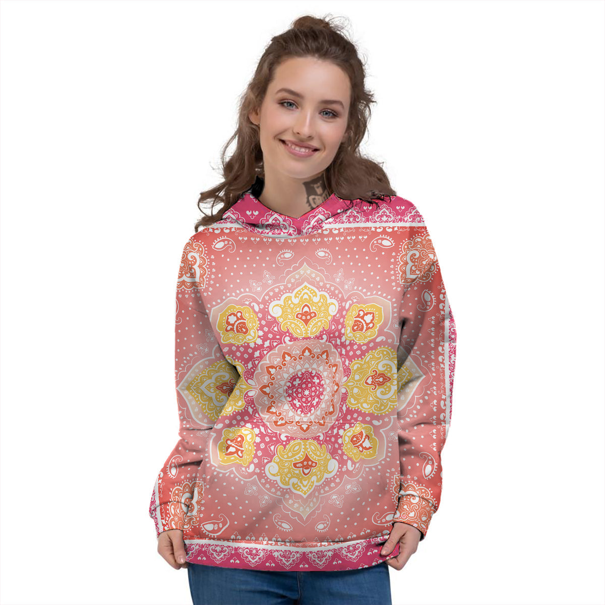 Indian Paisley Bandana Pink Print Women's Hoodie-grizzshop