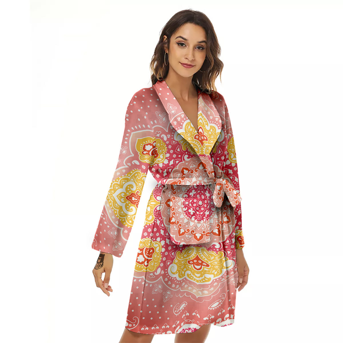 Indian Paisley Bandana Pink Print Women's Robe-grizzshop