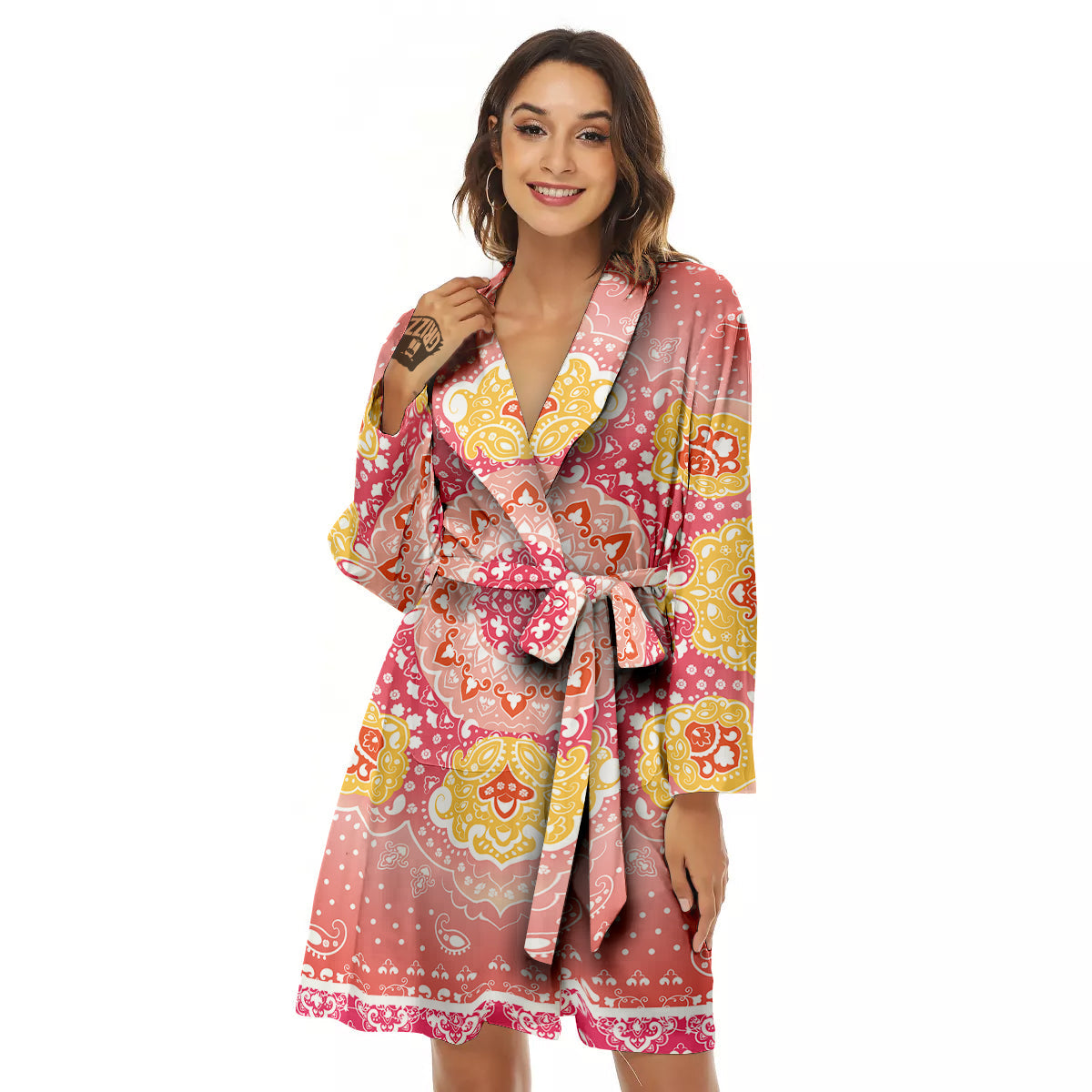 Indian Paisley Bandana Pink Print Women's Robe-grizzshop