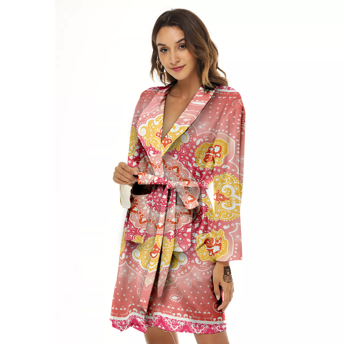 Indian Paisley Bandana Pink Print Women's Robe-grizzshop