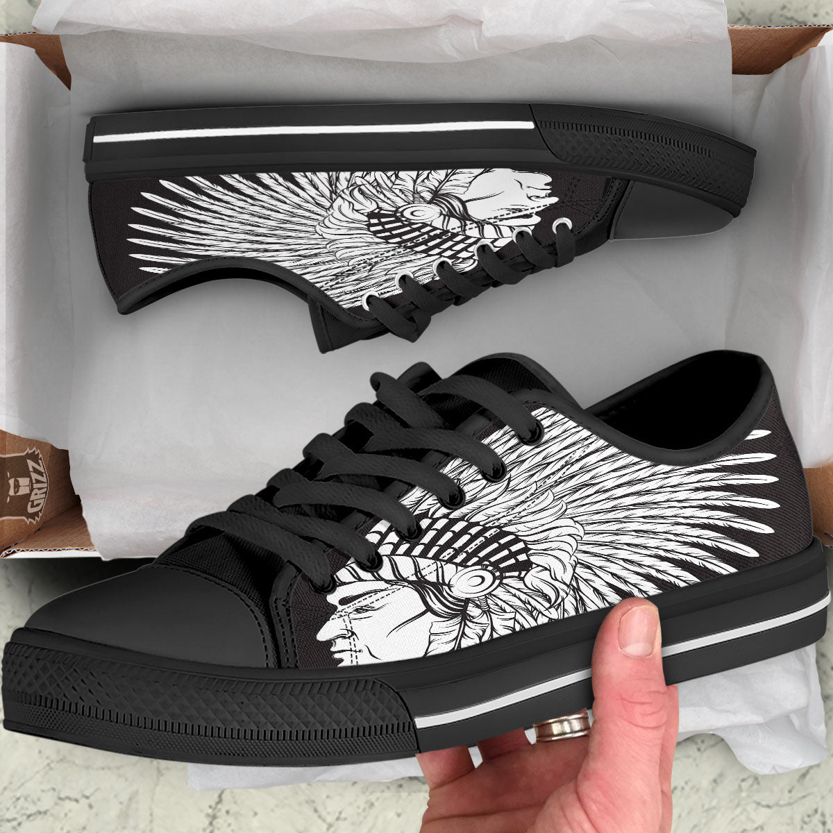 Indian Portrait Monochrome Native Print Black Low Top Shoes-grizzshop