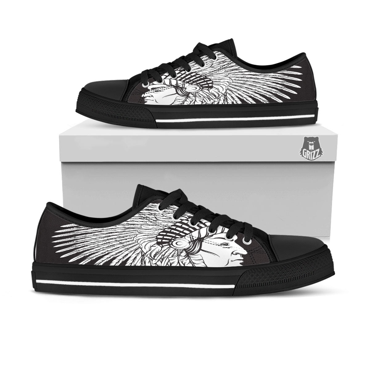 Indian Portrait Monochrome Native Print Black Low Top Shoes-grizzshop