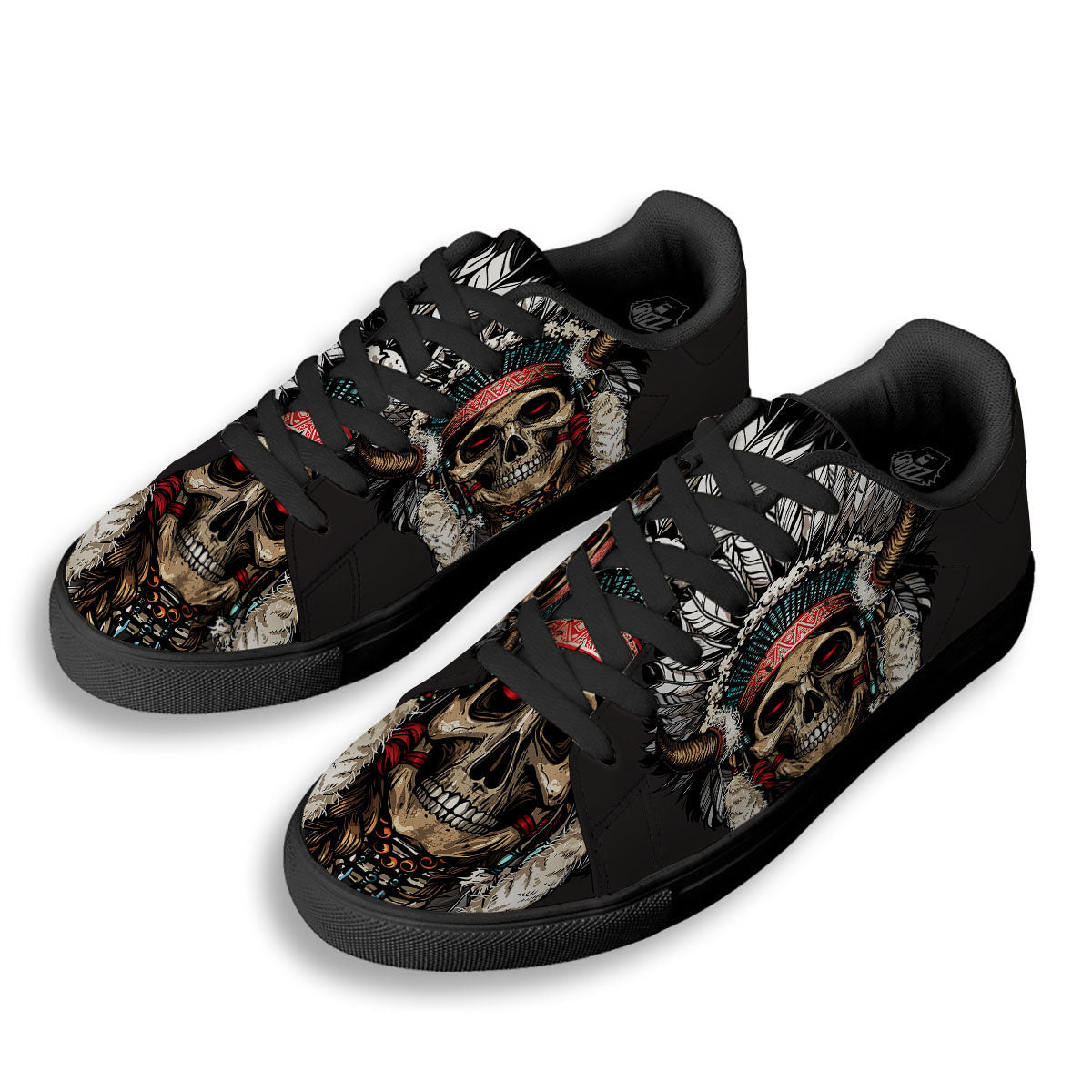 Indian Skull Native American Print Black Low Top Sneakers-grizzshop