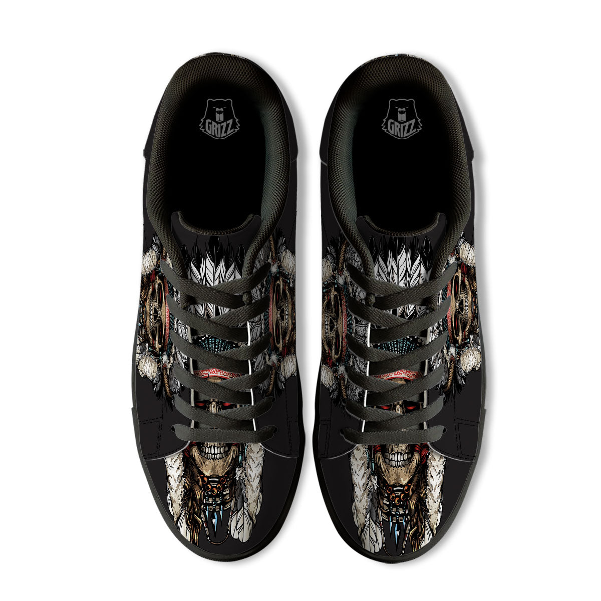 Indian Skull Native American Print Black Low Top Sneakers-grizzshop