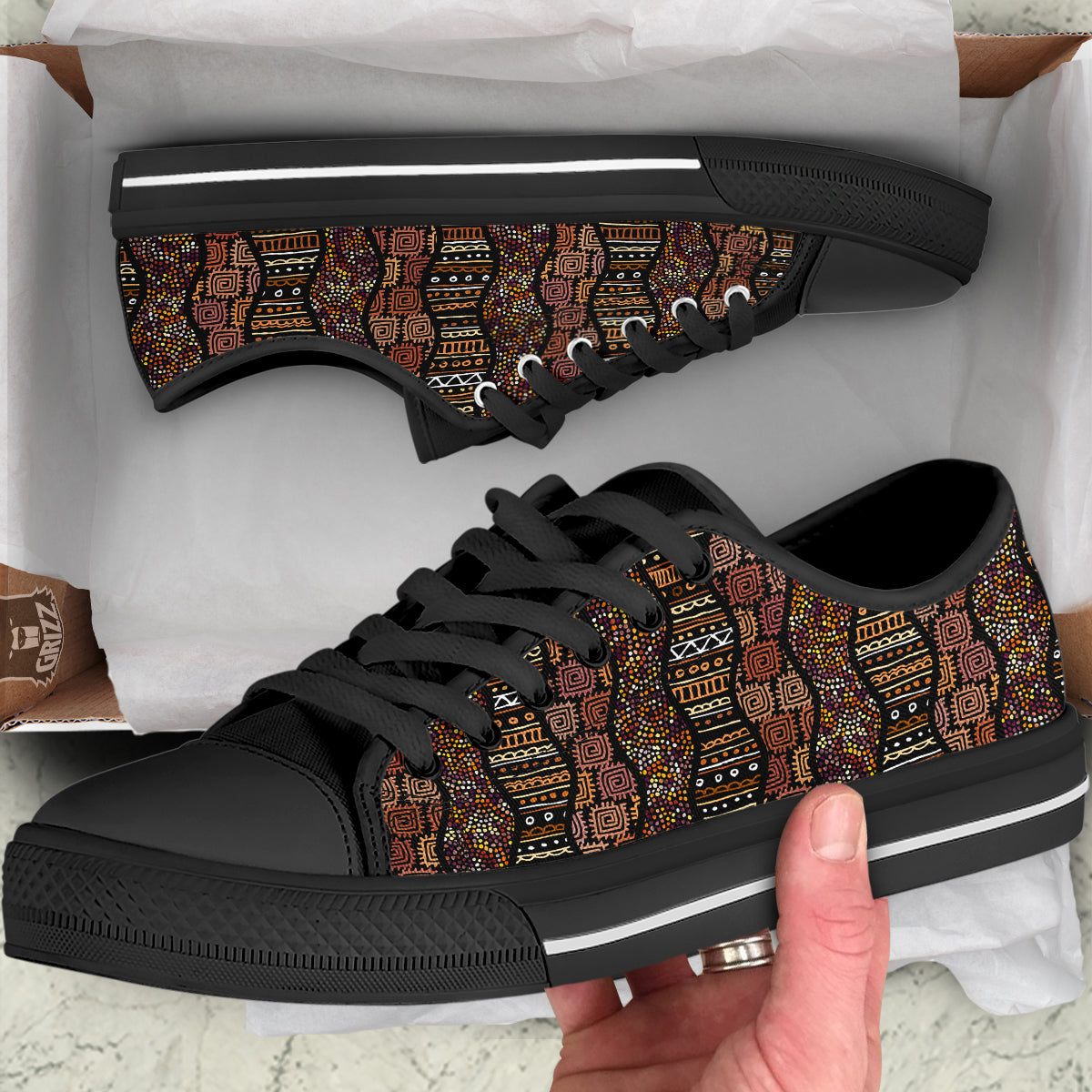 Inspired African Afro Print Pattern Black Low Top Shoes-grizzshop