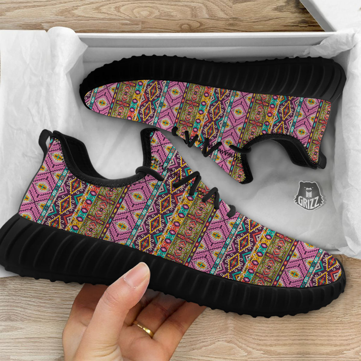 Inspired African Colorful Print Pattern Black Walking Shoes-grizzshop