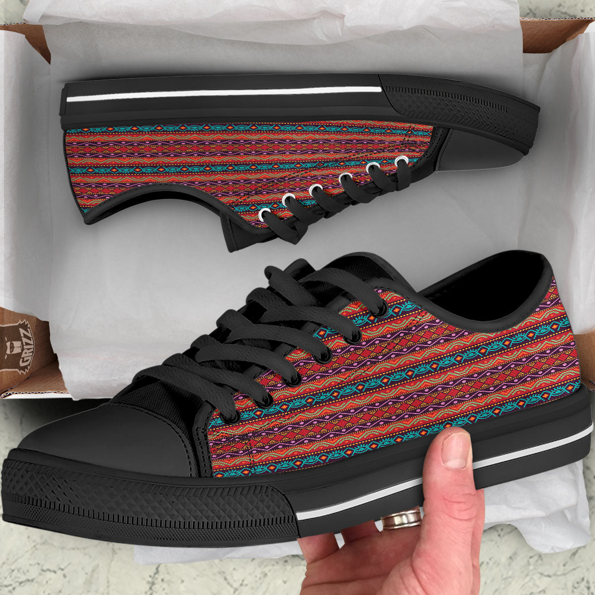 Inspired Afro Ethnic Print Black Low Top Shoes-grizzshop