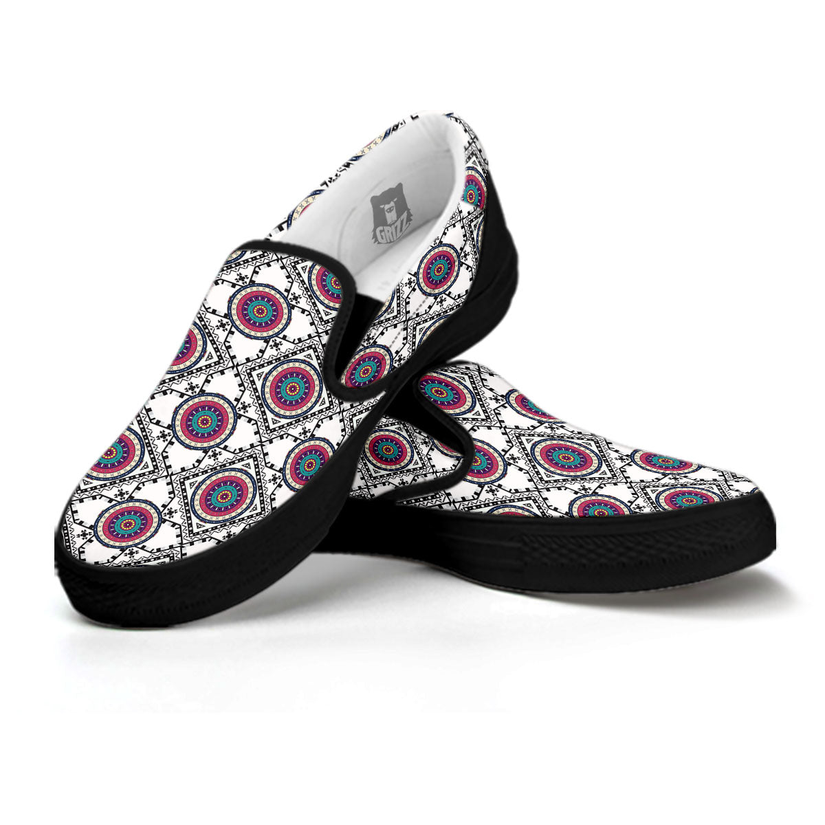 Inspired Native Indian Print Pattern Black Slip On Shoes-grizzshop