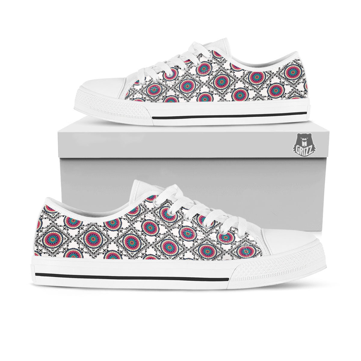 Inspired Native Indian Print Pattern White Low Top Shoes-grizzshop
