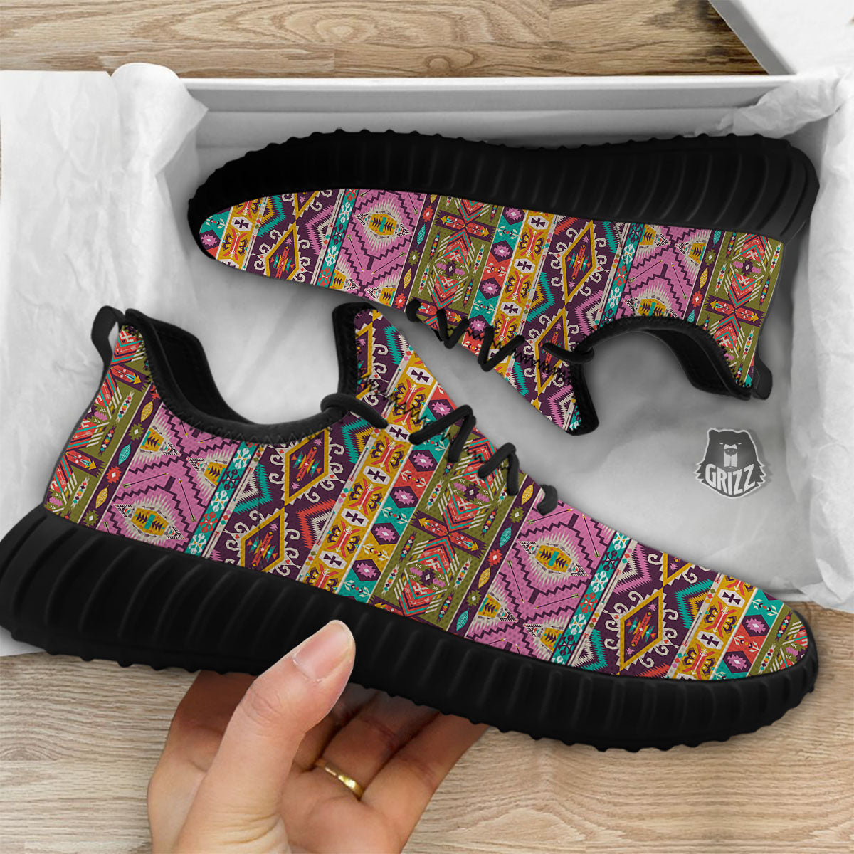 Inspired Native Print Pattern Black Walking Shoes-grizzshop