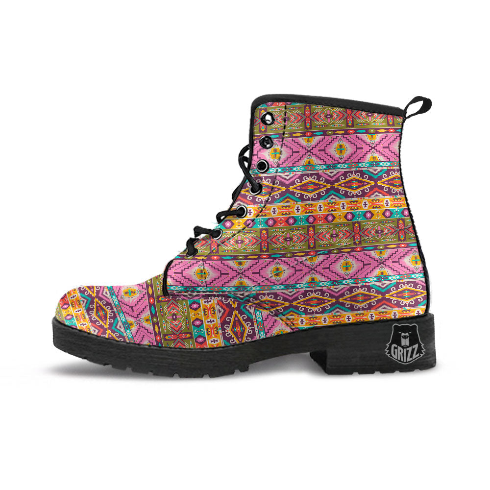 Inspired Native Print Pattern Leather Boots-grizzshop
