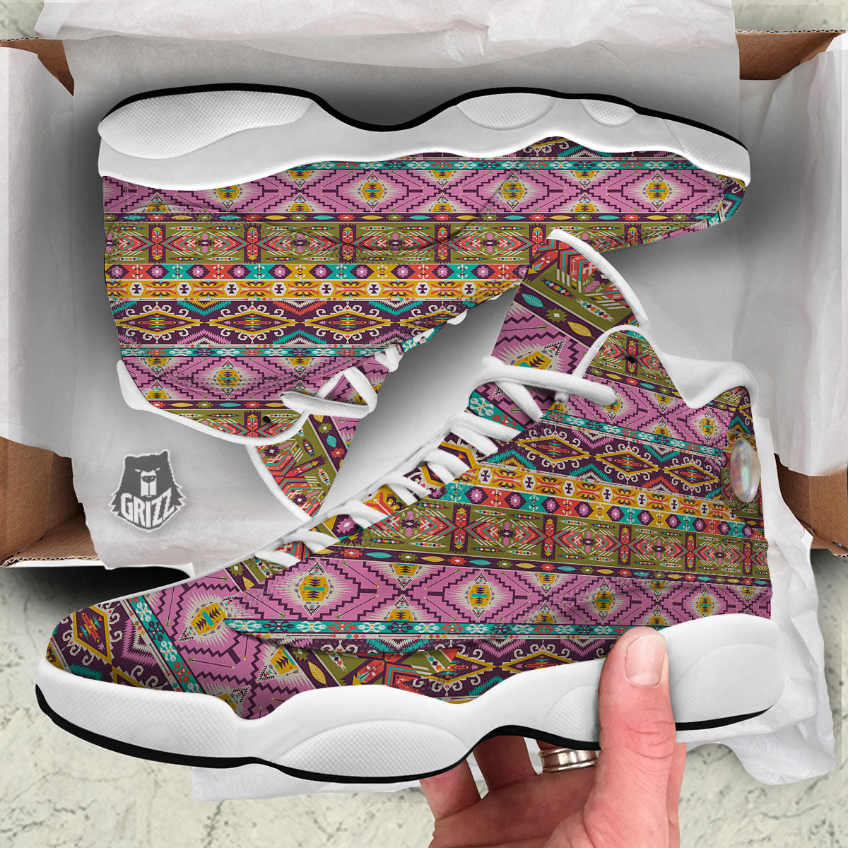Inspired Native Print Pattern White Basketball Shoes-grizzshop