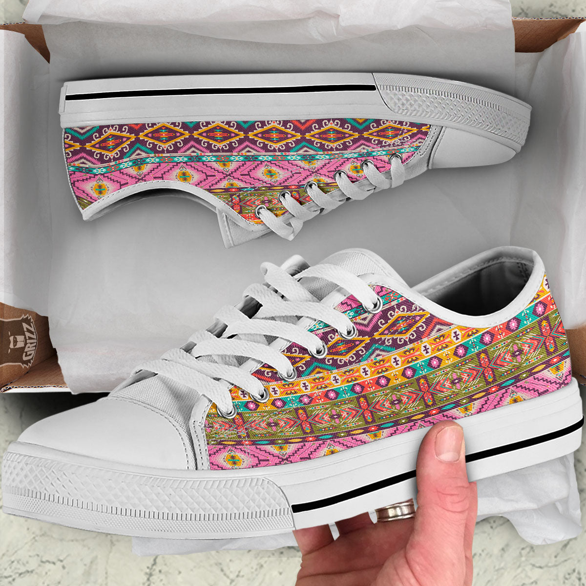 Inspired Native Print Pattern White Low Top Shoes-grizzshop