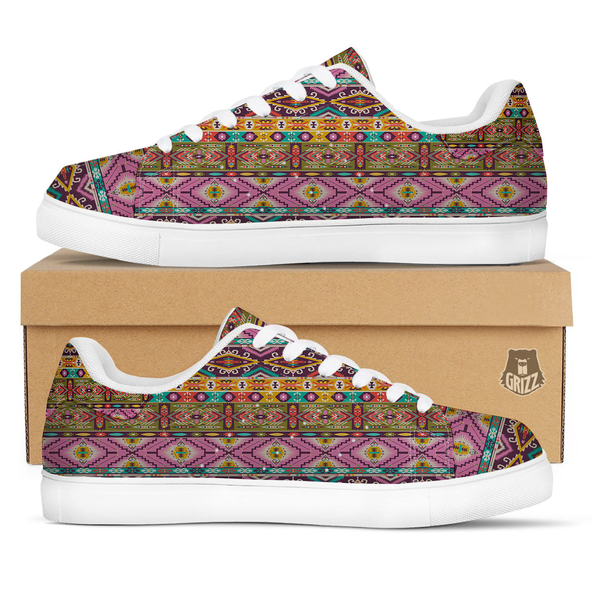 Inspired Native Print Pattern White Low Top Sneakers-grizzshop