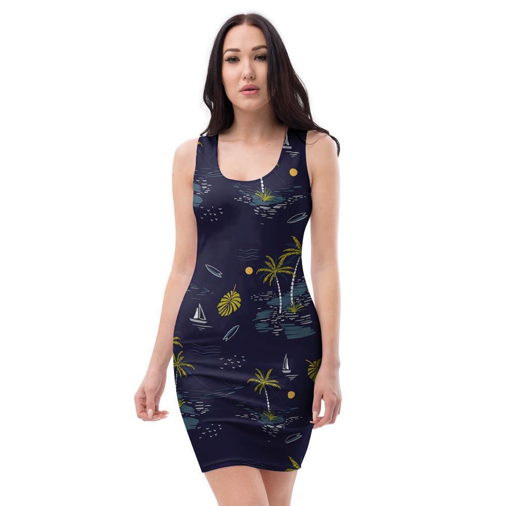 Island Palm Tree Hawaiian Print Bodycon Dress-grizzshop