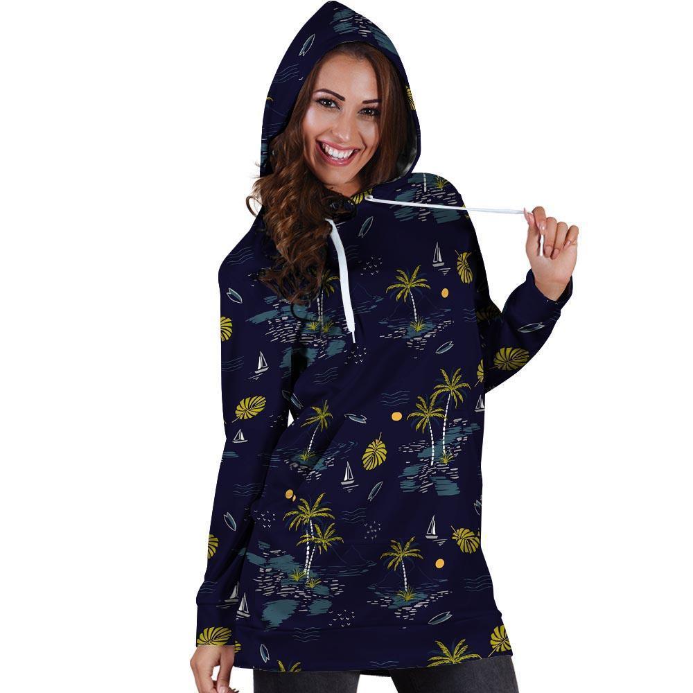 Island Palm Tree Hawaiian Print Hoodie Dress-grizzshop