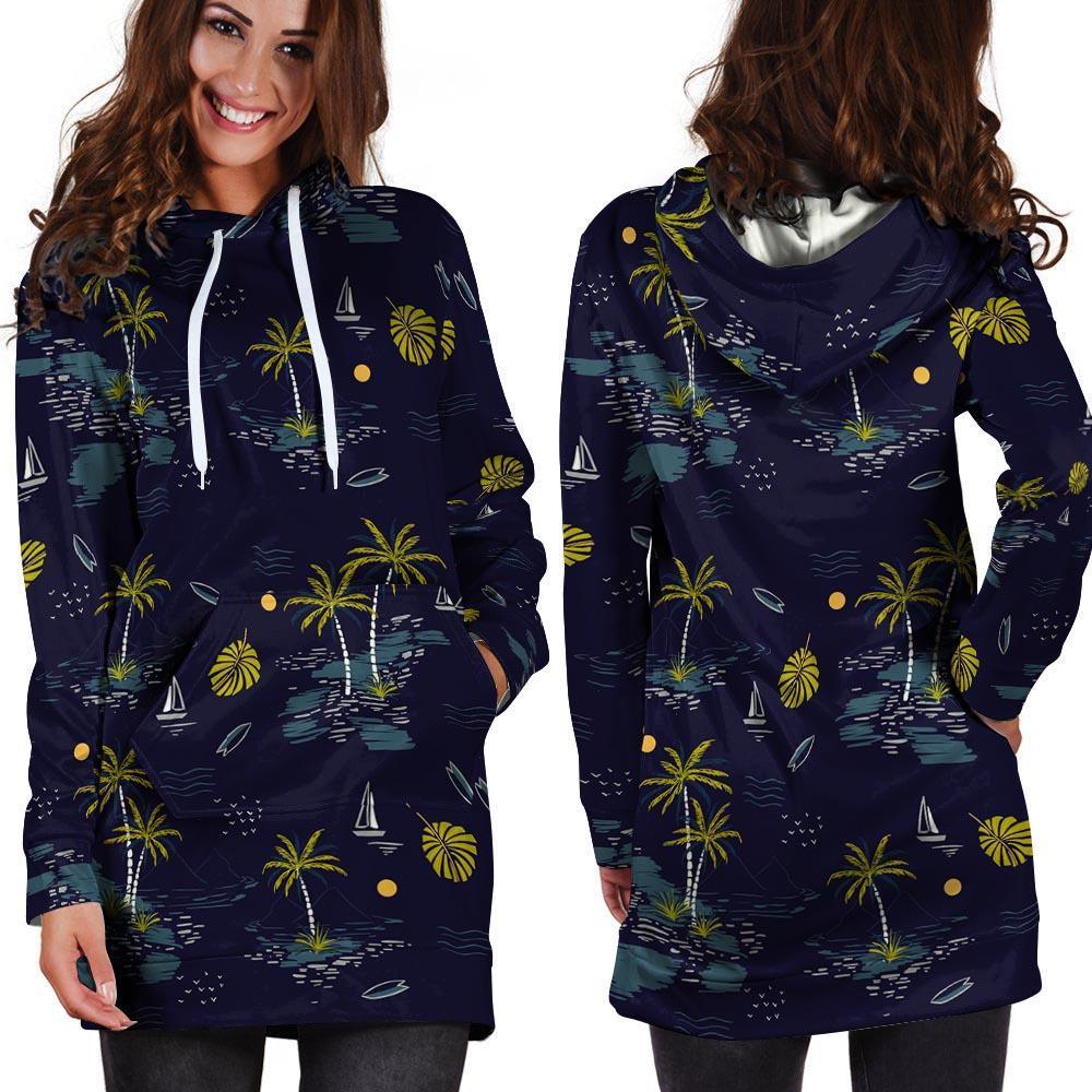 Island Palm Tree Hawaiian Print Hoodie Dress-grizzshop