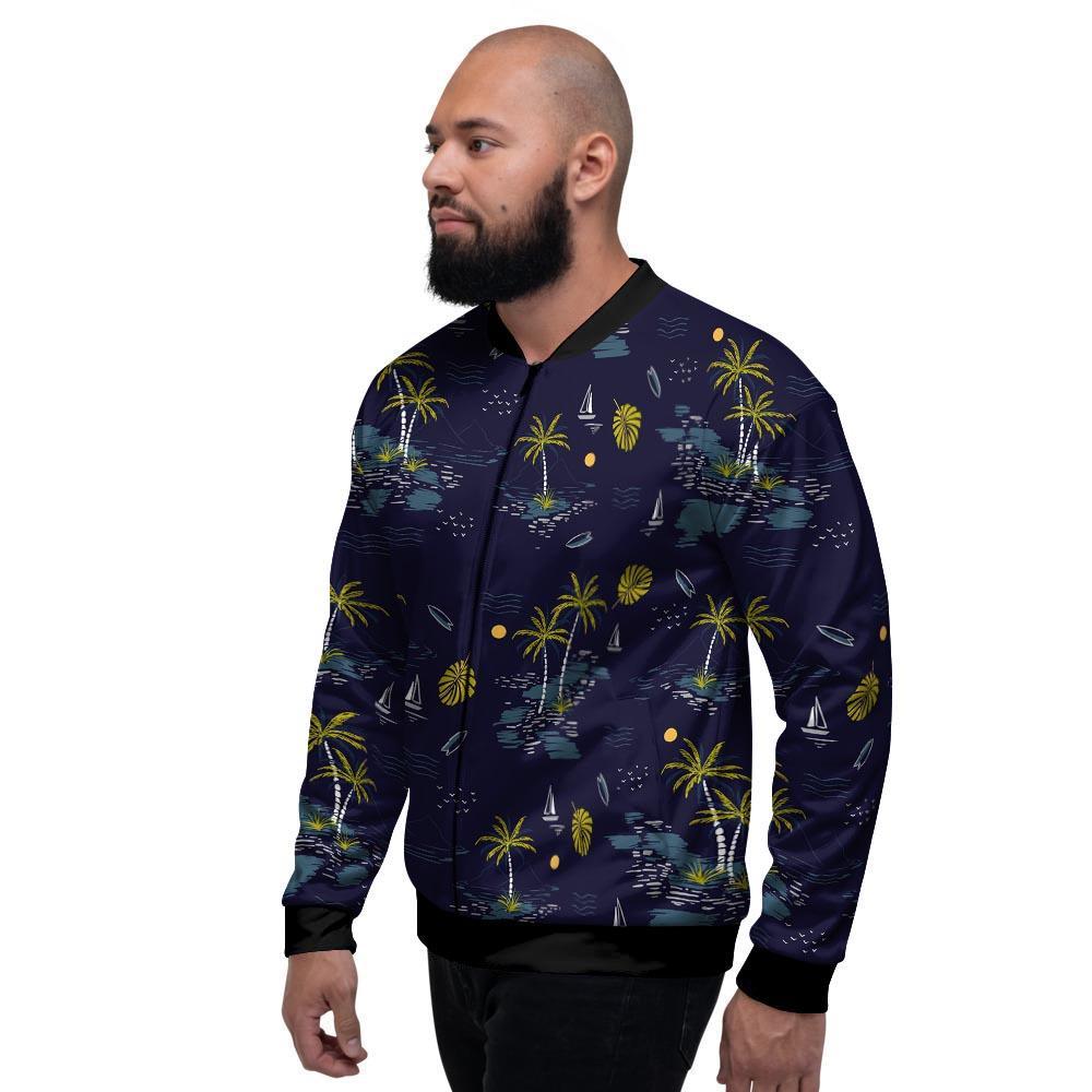 Island Palm Tree Hawaiian Print Men's Bomber Jacket-grizzshop