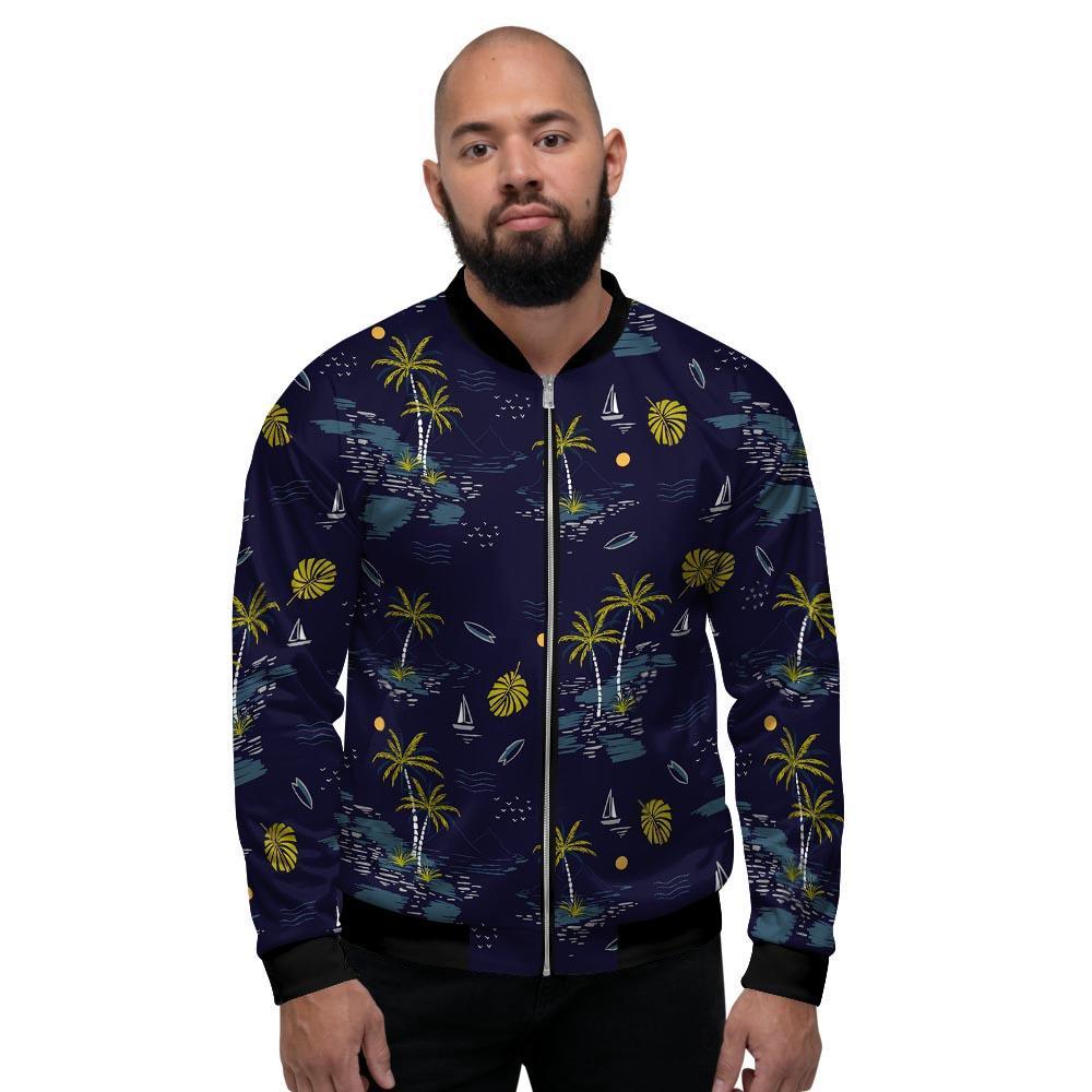 Island Palm Tree Hawaiian Print Men's Bomber Jacket-grizzshop