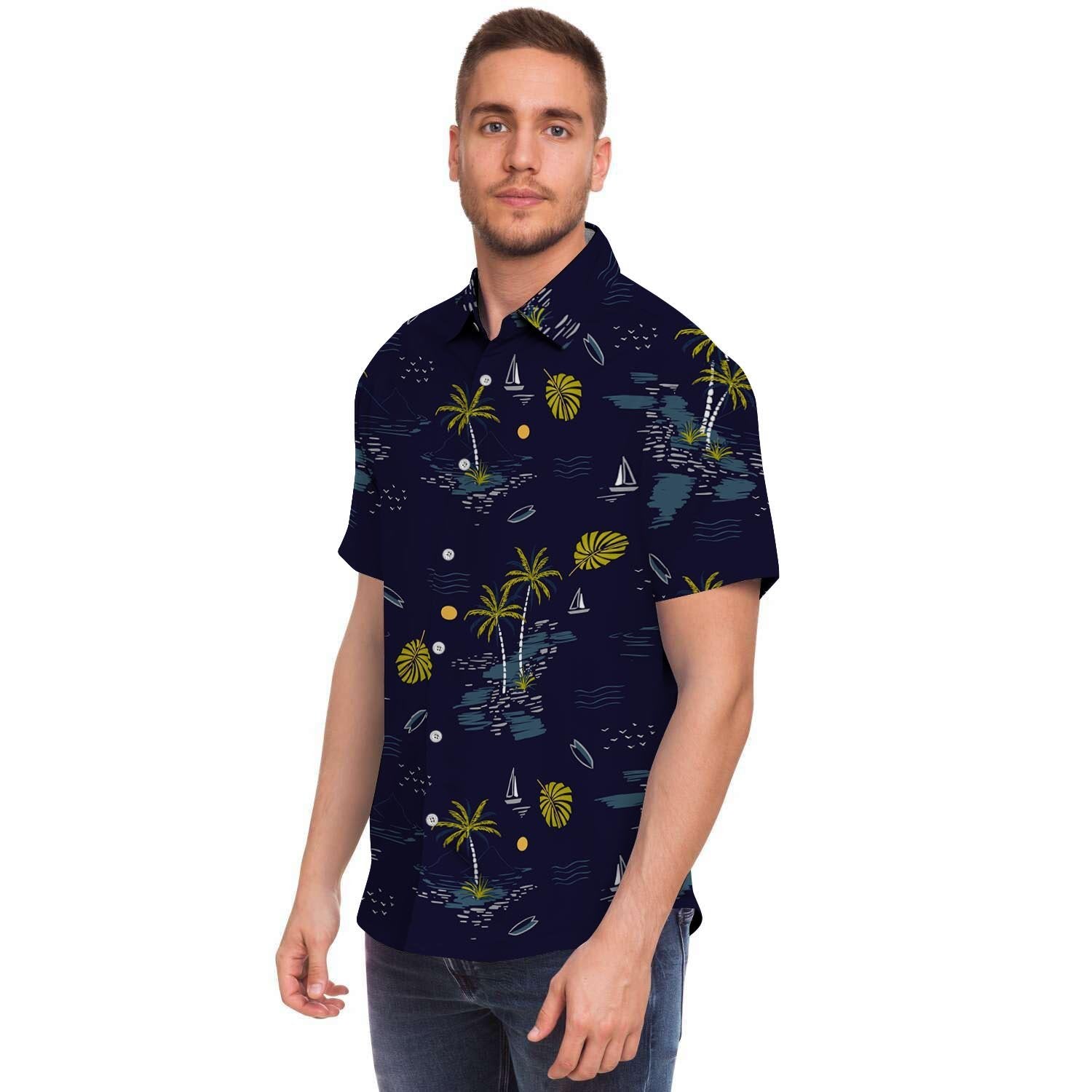 Island Palm Tree Hawaiian Print Men's Short Sleeve Shirt-grizzshop