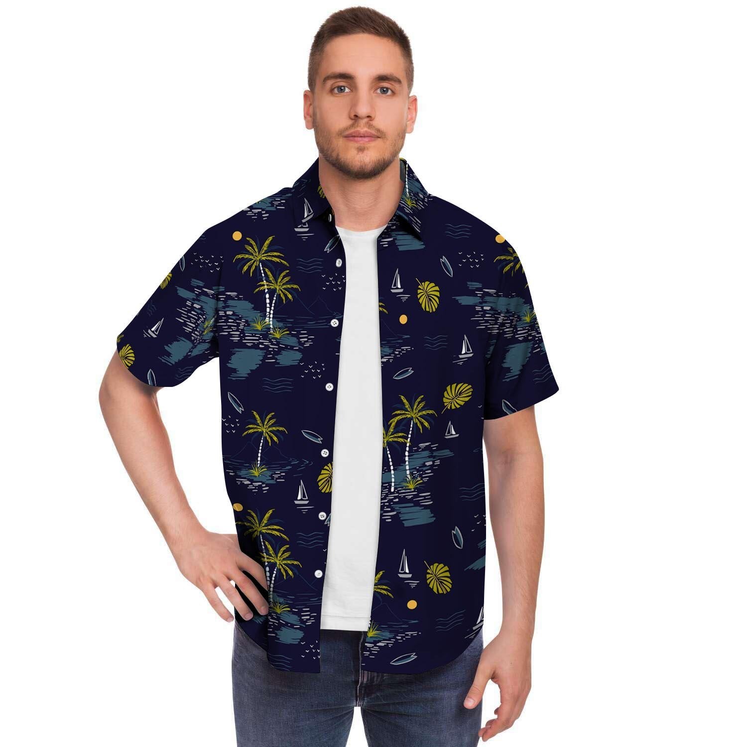 Island Palm Tree Hawaiian Print Men's Short Sleeve Shirt-grizzshop