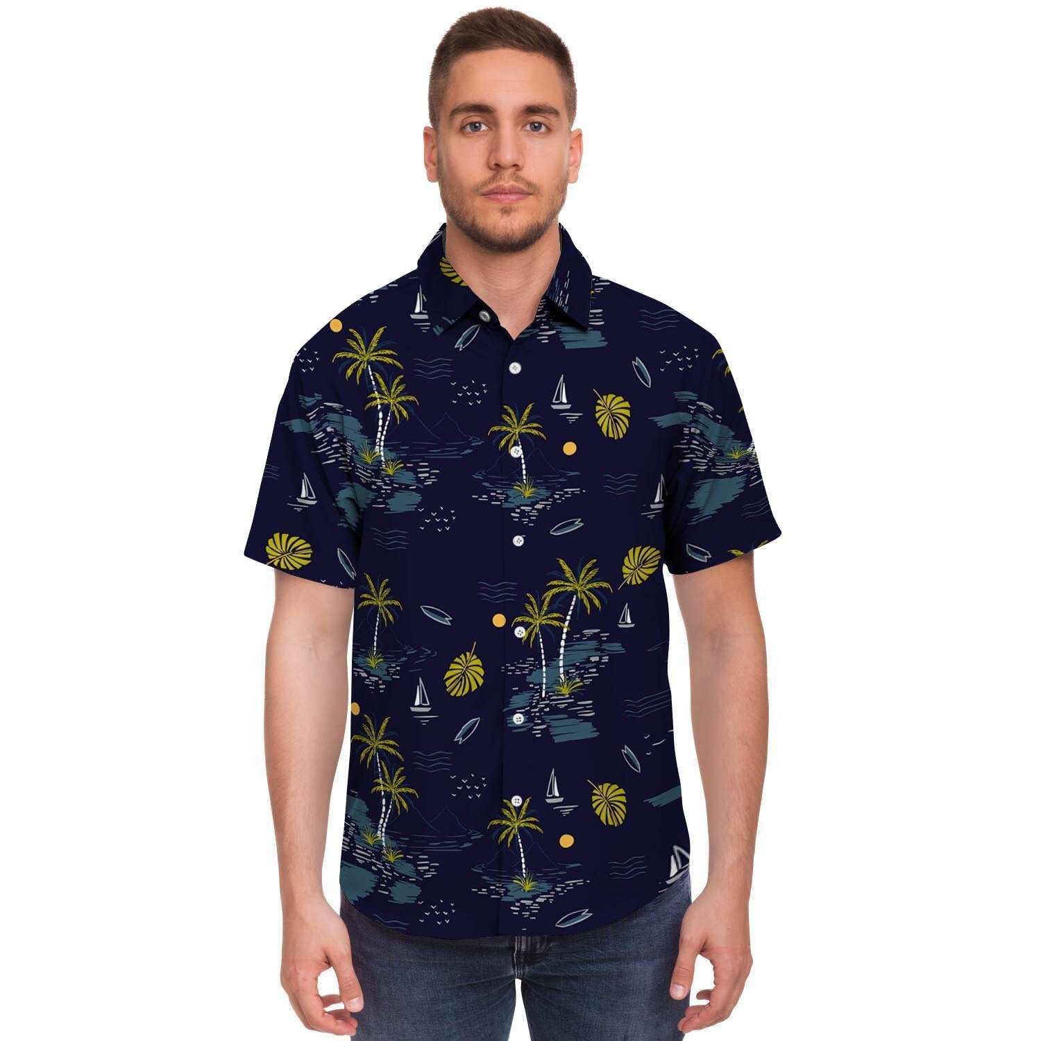 Island Palm Tree Hawaiian Print Men's Short Sleeve Shirt-grizzshop