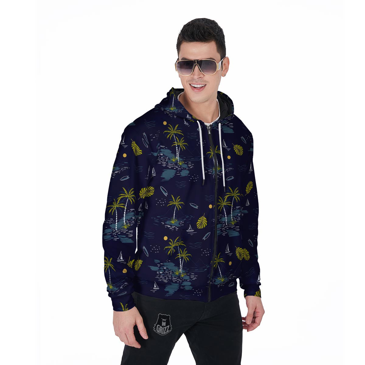 Island Palm Tree Hawaiian Print Men's Zip Up Hoodie-grizzshop