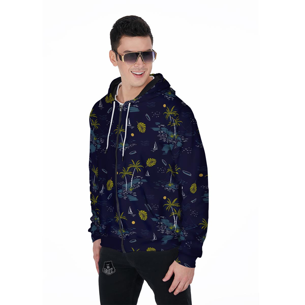 Island Palm Tree Hawaiian Print Men's Zip Up Hoodie-grizzshop