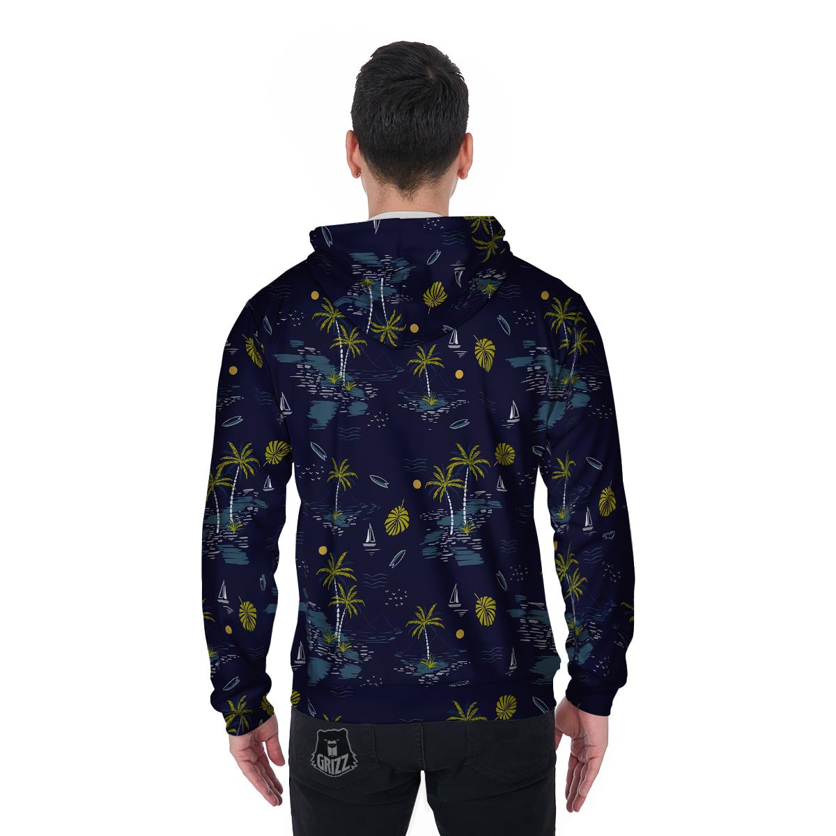 Island Palm Tree Hawaiian Print Men's Zip Up Hoodie-grizzshop