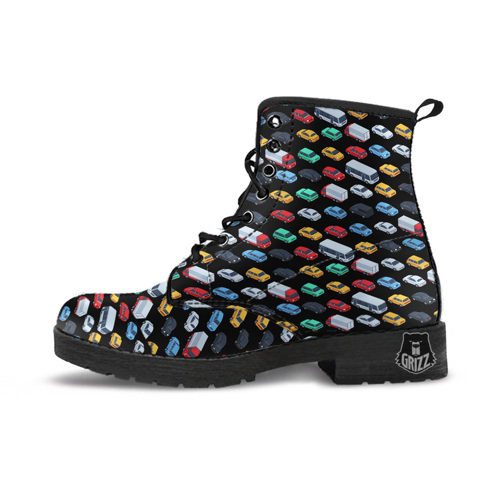 Isometric Cars Colorful Print Pattern Leather Boots-grizzshop