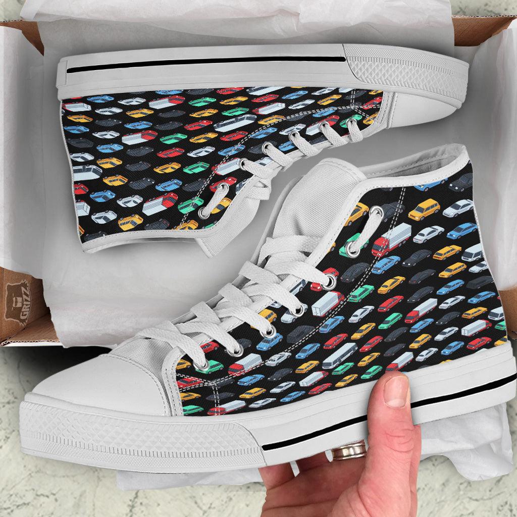 Isometric Cars Colorful Print Pattern White High Top Shoes-grizzshop