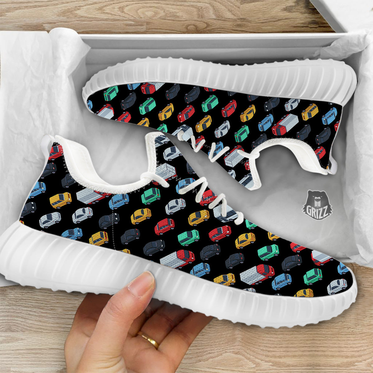 Isometric Cars Colorful Print Pattern White Walking Shoes-grizzshop