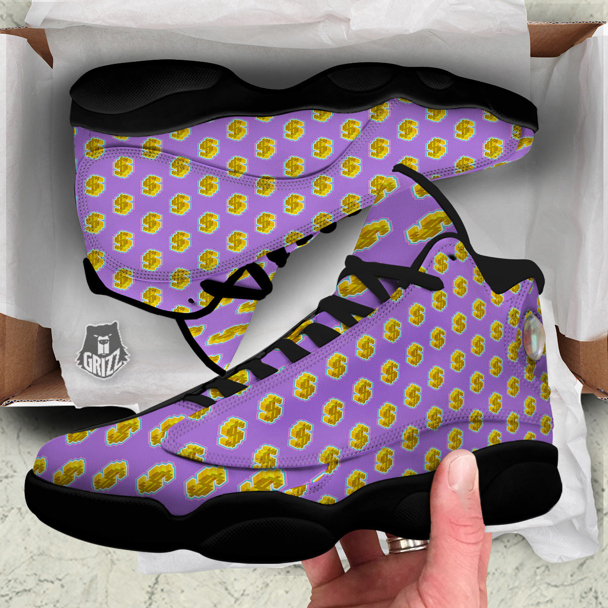 Isometric Gold Dollar Print Pattern Black Basketball Shoes-grizzshop