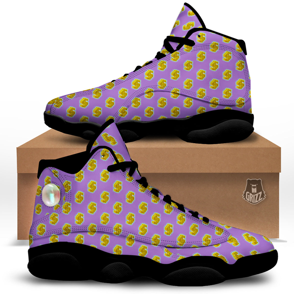 Isometric Gold Dollar Print Pattern Black Basketball Shoes-grizzshop
