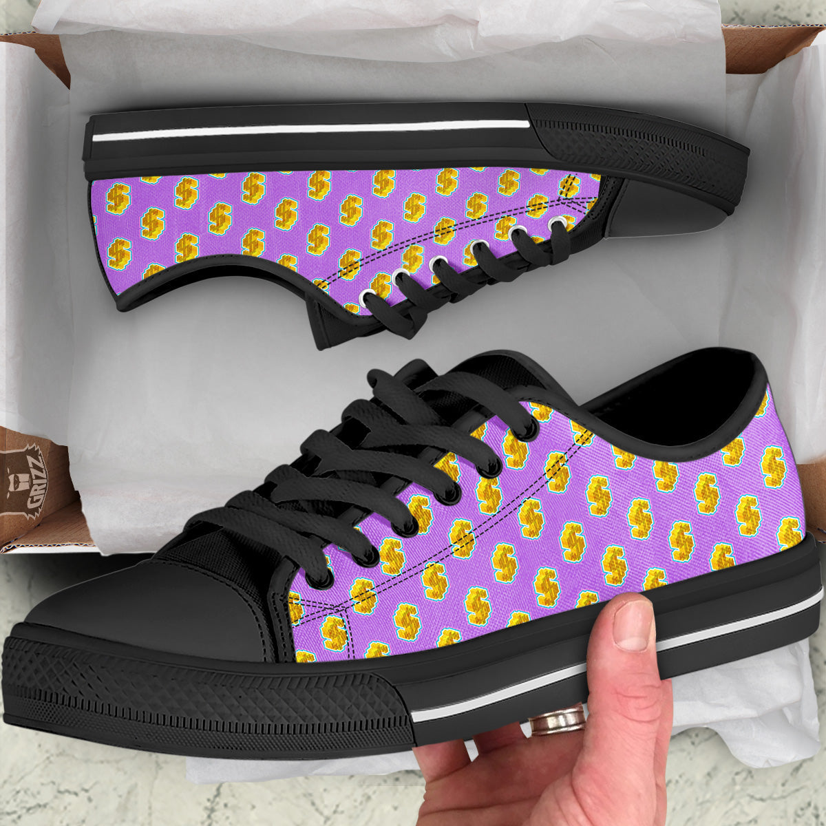 Isometric Gold Dollar Print Pattern Black Low Top Shoes-grizzshop