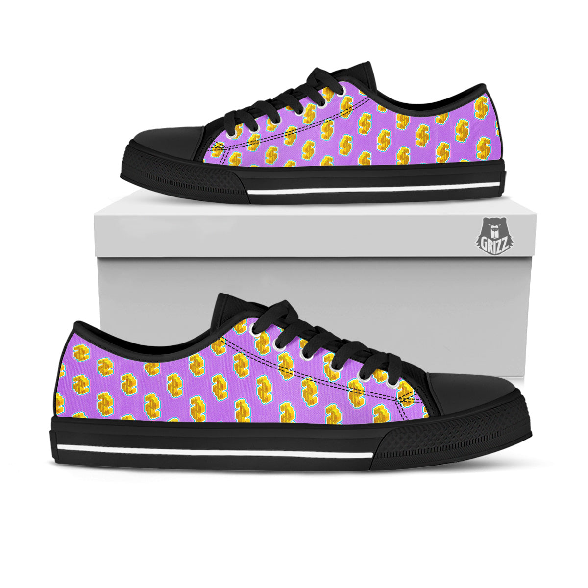 Isometric Gold Dollar Print Pattern Black Low Top Shoes-grizzshop