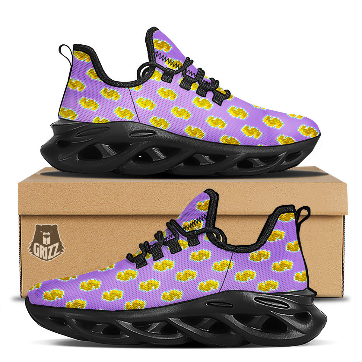 Isometric Gold Dollar Print Pattern Black Running Shoes-grizzshop